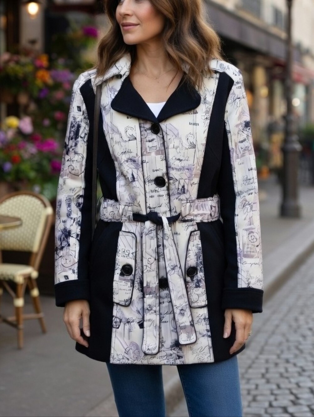 Marie Claire Black and White Abstract Print Belted Spring Fall Jacket Size L